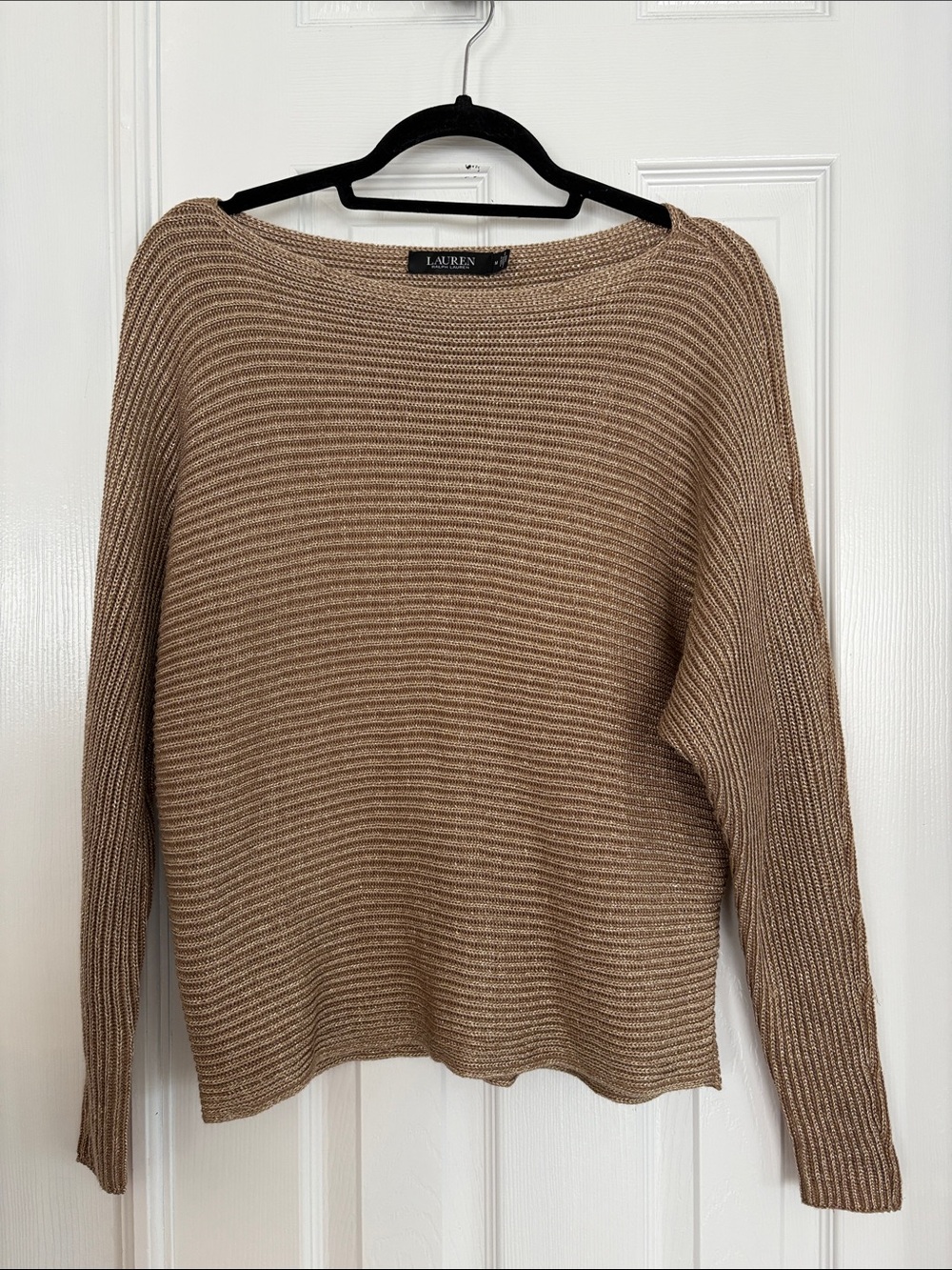 Lauren Ralph Lauren Tan Ribbed Boatneck metallic Gold stretchy knit sweater NWOT